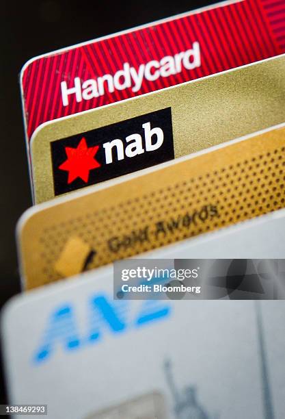 Credit and debit cards issued by Australian banks, Australia & New Zealand Banking Group Ltd. , from bottom, the Commonwealth Bank of Australia,...