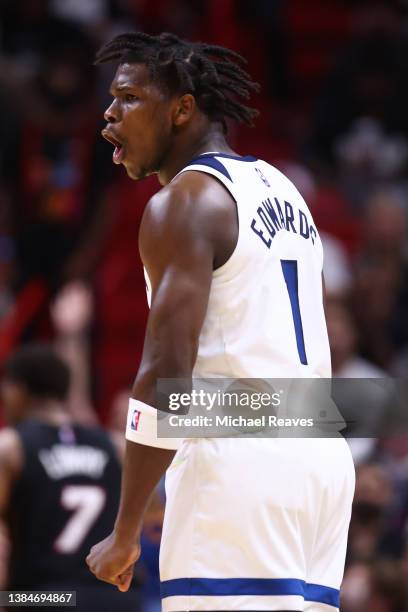 Anthony Edwards of the Minnesota Timberwolves reacts against the Miami Heat during the second half at FTX Arena on March 12, 2022 in Miami, Florida....