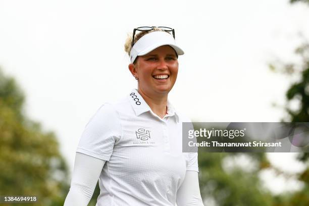 Nanna Koerstz Madsen of Denmark reacts before playing her tee shot on the 1st hole during the final round of Honda LPGA Thailand at Siam Country Club...
