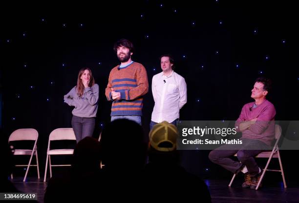 Danielle Schneider, John Gemberling, Anthony Atamanuik, and Matt Besser onstage at 'Upright Citizens Brigade's ASSSSCAT' during the 2022 SXSW...