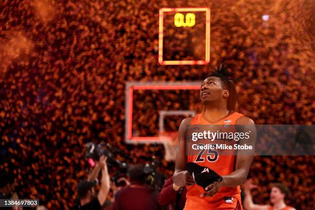 Justyn Mutts of the Virginia Tech Hokies celebrates after defeating the Duke Blue Devils to win the 2022 Men's ACC Basketball Tournament -...