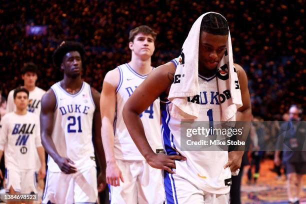 Trevor Keels of the Duke Blue Devils walks off the court after loosing to the Virginia Tech Hokies during the 2022 Men's ACC Basketball Tournament -...