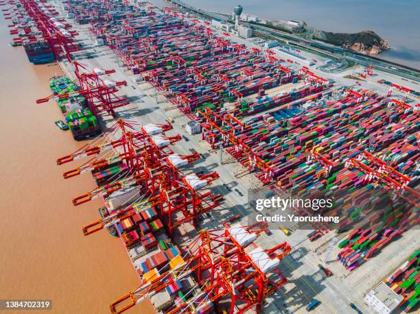 container ships at dock,yangshan deep water port ,shanghai - shanghai port stock pictures, royalty-free photos & images