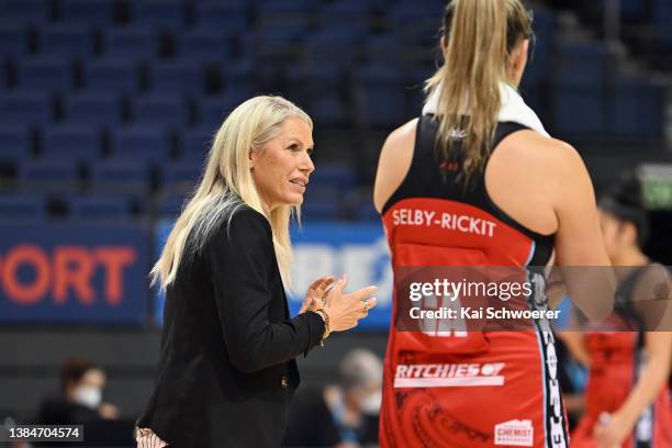 Head Coach Marianne Delaney-Hoshek of the Tactix reacts after the loss in the round one ANZ Premiership match between the Tactix and the Steel at...