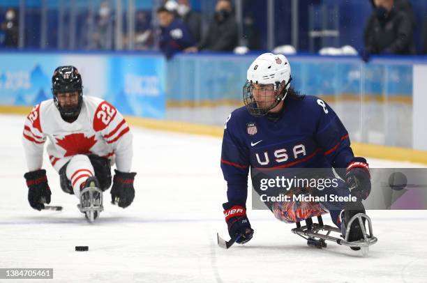 Jack Wallace of Team United States controls the puck against Team Canada in the second period during the Para Ice Hockey Gold Medal game on day nine...