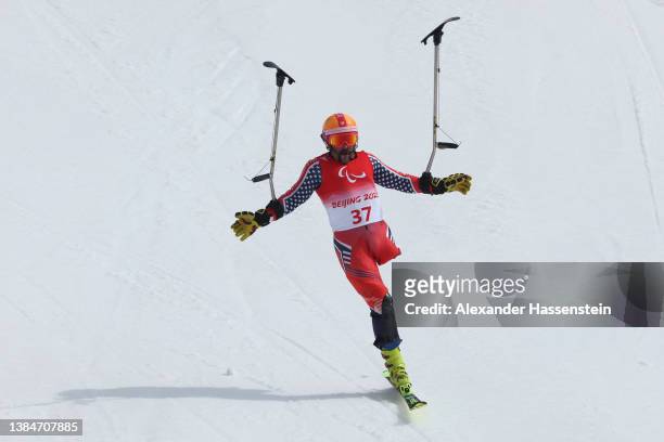 Patrick Halgren of Team United States reacts in the Para Alpine Skiing Men's Slalom Standing during day nine of the Beijing 2022 Winter Paralympics...