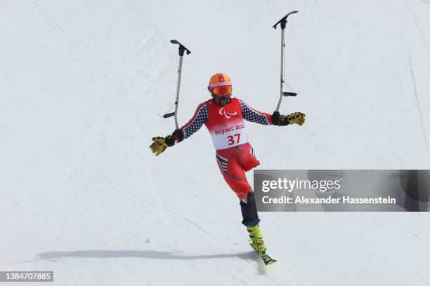 Patrick Halgren of Team United States reacts in the Para Alpine Skiing Men's Slalom Standing during day nine of the Beijing 2022 Winter Paralympics...