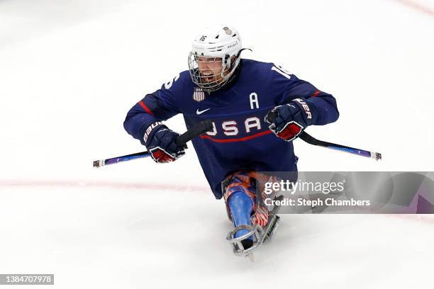 Declan Farmer of Team United States reacts after scoring in the third period against Team Canada during the Para Ice Hockey Gold Medal game on day...