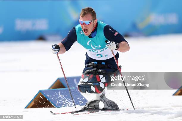 Scott Meenagh of Team Great Britain competes in the Para Cross-Country Open 4x2.5km Relay during day nine of the Beijing 2022 Winter Paralympics at...