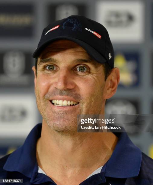 Bulldogs coach Trent Barrett speaks to the media before the start of the round one NRL match between the North Queensland Cowboys and the Canterbury...