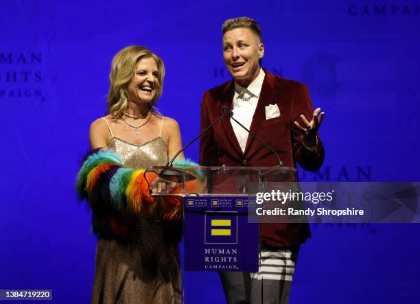 Glennon Doyle and Abby Wambach speak onstage as Human Rights Campaign hosts the 2022 Los Angeles Dinner at JW Marriott on March 12, 2022 in Los...