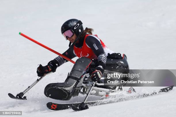 Aaron Ewen of Team New Zealand competes in the Para Alpine Skiing Men's Slalom Sitting during day nine of the Beijing 2022 Winter Paralympics at...