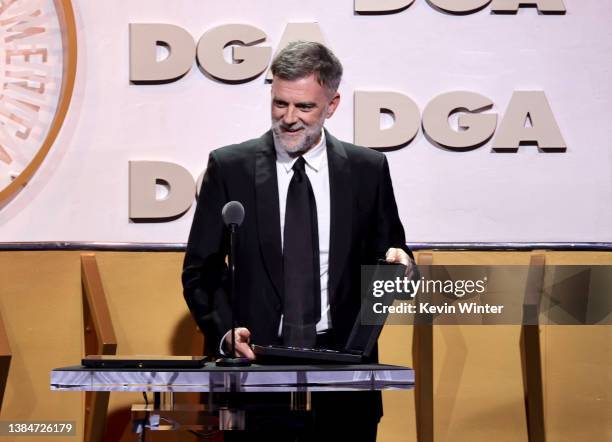 Paul Thomas Anderson speaks onstage during the 74th Annual Directors Guild Of America Awards at The Beverly Hilton on March 12, 2022 in Beverly...