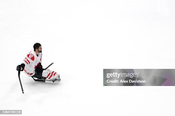 Greg Westlake of Team Canada looks dejected after defeat in the Para Ice Hockey Gold Medal game on day nine of the Beijing 2022 Winter Paralympics at...