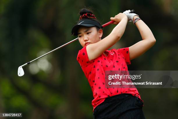 Lucy Li of United States tees off on the 8th hole during the final round of Honda LPGA Thailand at Siam Country Club Pattaya Old Course on March 13,...