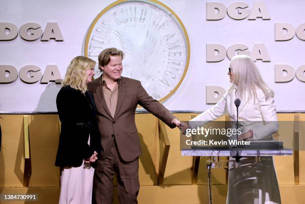 Kirsten Dunst, Jesse Plemons, and Jane Campion accept the Theatrical Feature Film award for "The Power of the Dog" onstage during the 74th Annual...