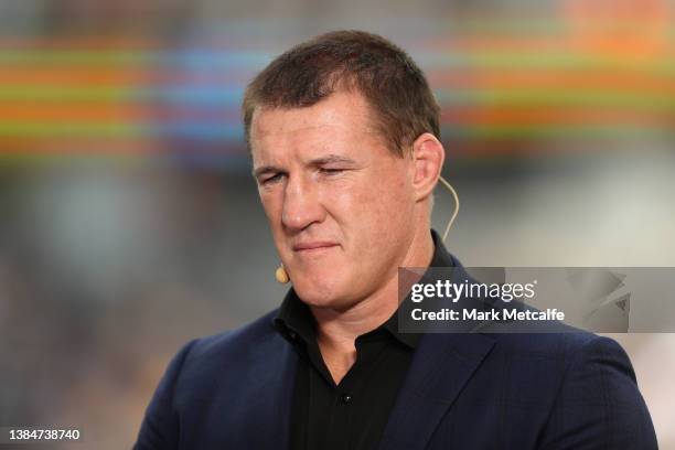 Paul Gallen talks whilst broadcasting during the round one NRL match between the Parramatta Eels and the Gold Coast Titans at CommBank Stadium, on...