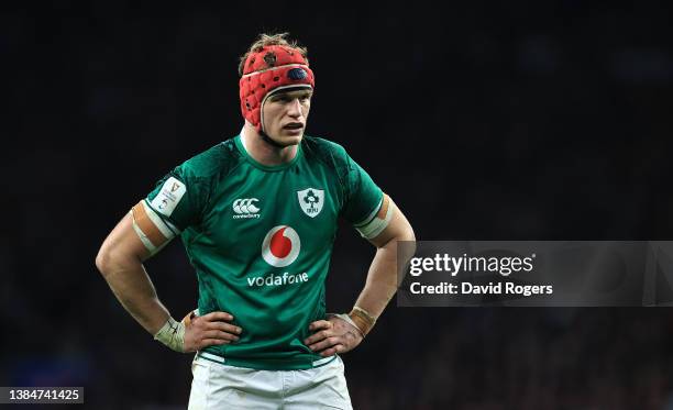Josh van der Flier of Ireland looks on during the Guinness Six Nations Rugby match between England and Ireland at Twickenham Stadium on March 12,...