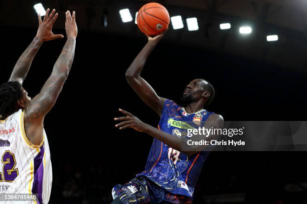 Majok Deng of the Taipans shoots during the round 15 NBL match between Cairns Taipans and Sydney Kings at Cairns Convention Centre on March 13 in...