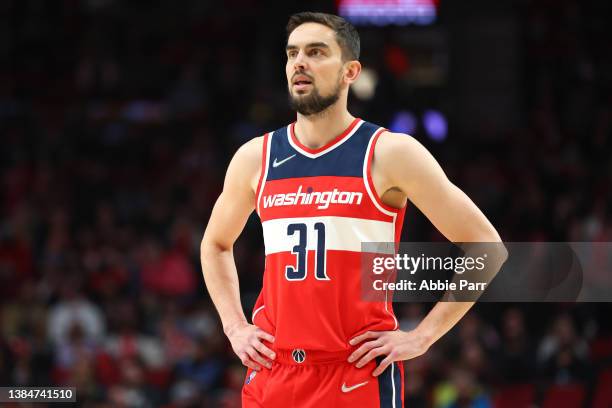 Tomas Satoransky of the Washington Wizards reacts against the Portland Trail Blazers during the second quarter at Moda Center on March 12, 2022 in...