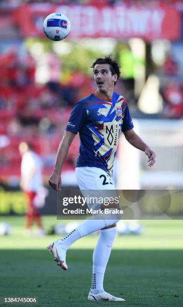 Eli Babalj of Newcastle Jets during warm ups of the A-League Mens match between Adelaide United and Newcastle Jets at Coopers Stadium, on March 13 in...