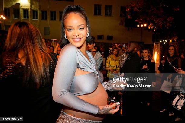 Rihanna poses with engraved Fenty Beauty ICON Lipsticks as she celebrates the launch of Fenty Beauty at ULTA Beauty on March 12, 2022 in Los Angeles,...