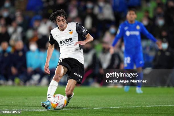 Bryan Gil of Valencia CF in action during the LaLiga Santander match between Getafe CF and Valencia CF at Coliseum Alfonso Perez on March 12, 2022 in...