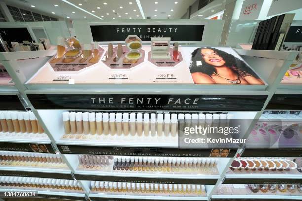 Fenty Beauty products on display inside the store as Rihanna celebrates the launch of Fenty Beauty at ULTA Beauty on March 12, 2022 in Los Angeles,...