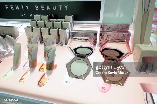 Fenty Beauty products on display inside the store as Rihanna celebrates the launch of Fenty Beauty at ULTA Beauty on March 12, 2022 in Los Angeles,...