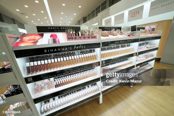 Fenty Beauty products on display inside the store as Rihanna celebrates the launch of Fenty Beauty at ULTA Beauty on March 12, 2022 in Los Angeles,...