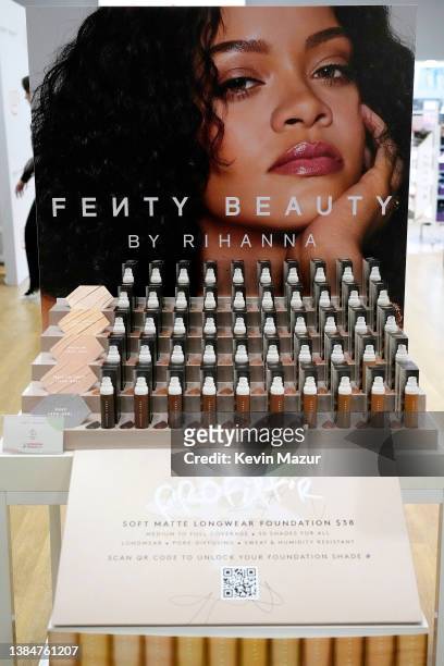 Fenty Beauty products on display inside the store as Rihanna celebrates the launch of Fenty Beauty at ULTA Beauty on March 12, 2022 in Los Angeles,...
