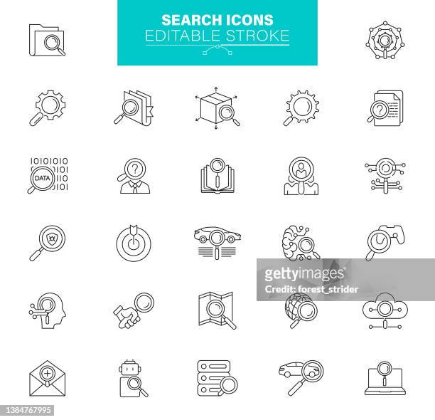 search icons, editable stroke stock illustration. set contains icons as analysis, spyglass lens, gear, data search - 放大 幅插畫檔、美工圖案、卡通及圖標