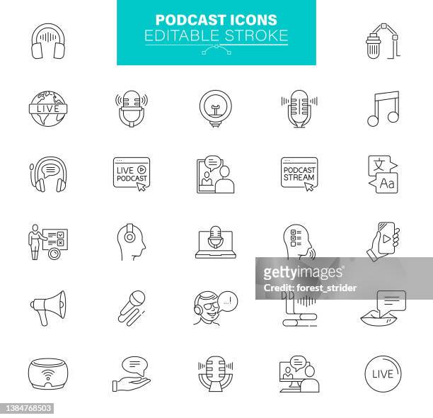 podcast icons bearbeitbarer strich. enthält symbole wie unterhaltung, bloggen, musik abspielen, interview, social media - interview icon stock-grafiken, -clipart, -cartoons und -symbole