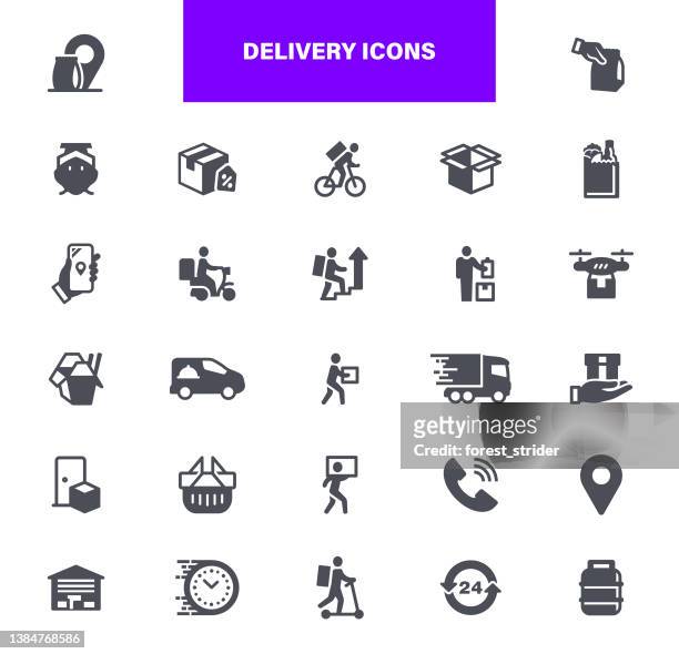 delivery icons.  contains such icons as logistics, delivering, icon, motorcycle, bicycle, box - container - home delivery icon stock illustrations