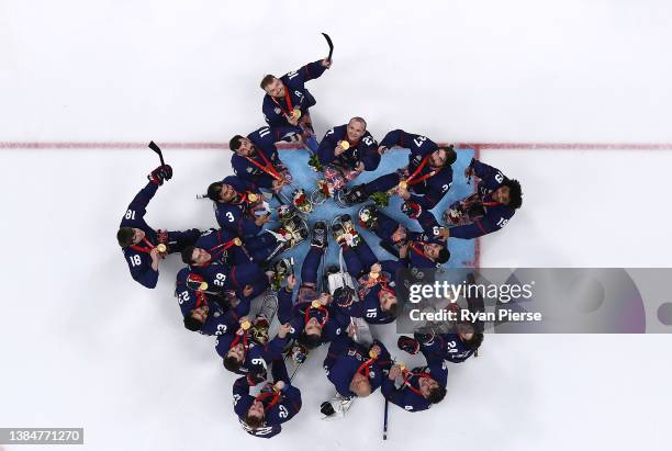 Gold medal winners Team United States celebrate during the Para Ice Hockey medal ceremony after the Gold Medal game on day nine of the Beijing 2022...