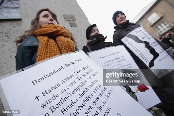 Activists from the organization "Terre des Femmes" gather at the memorial to Hatun Surucu on the 7th anniversary of her murder near the site where...