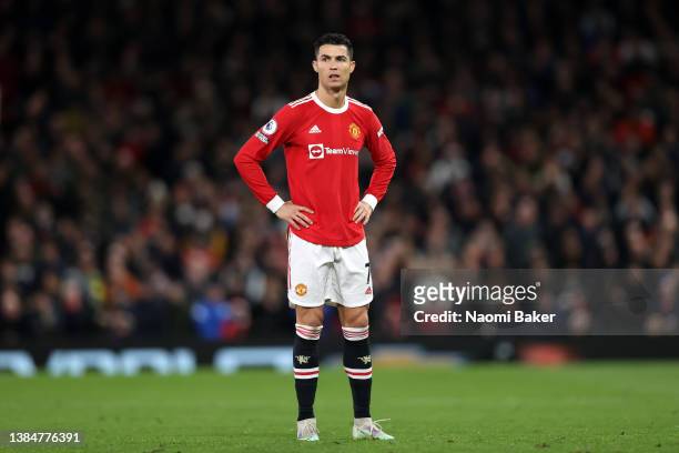 Cristiano Ronaldo of Manchester United looks on during the Premier League match between Manchester United and Tottenham Hotspur at Old Trafford on...
