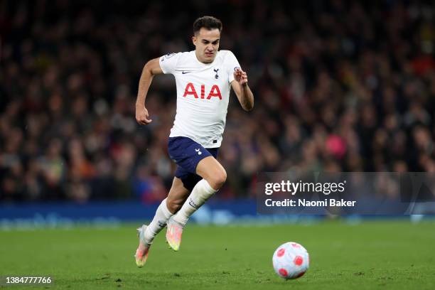 Sergio Reguilon of Tottenham Hotspur in action during the Premier League match between Manchester United and Tottenham Hotspur at Old Trafford on...