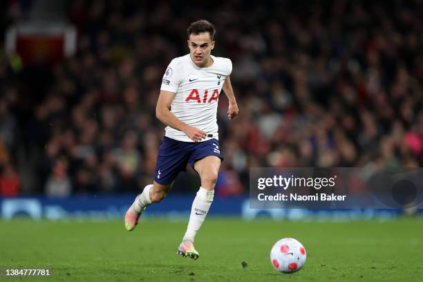 Sergio Reguilon of Tottenham Hotspur in action during the Premier League match between Manchester United and Tottenham Hotspur at Old Trafford on...