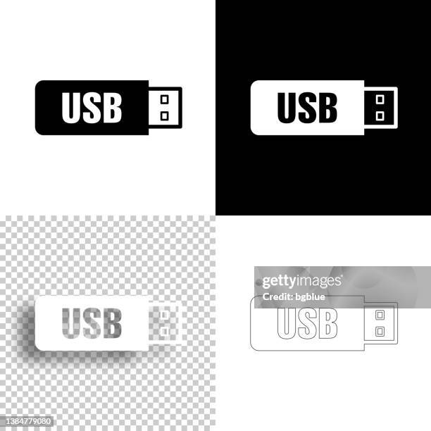 ilustraciones, imágenes clip art, dibujos animados e iconos de stock de unidad flash usb. icono para el diseño. fondos en blanco, blancos y negros - icono de línea - usb stick