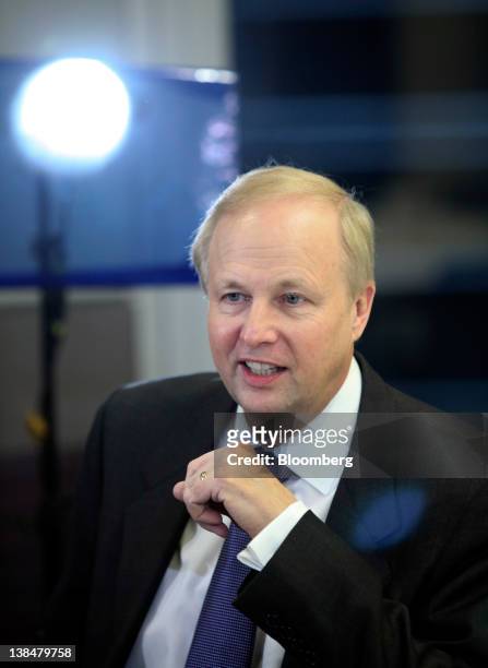Robert "Bob" Dudley, chief executive officer of BP Plc, speaks during a television interview at the company's offices at Canary Wharf in London,...