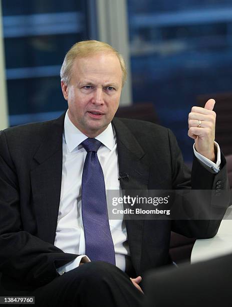 Robert "Bob" Dudley, chief executive officer of BP Plc, gestures during a television interview at the company's offices at Canary Wharf in London,...
