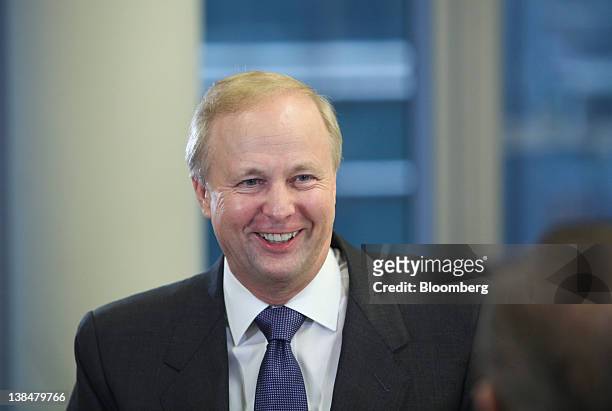 Robert "Bob" Dudley, chief executive officer of BP Plc, gestures during a television interview at the company's offices at Canary Wharf in London,...