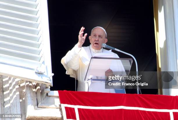 Pope Francis delivers his Sunday Angelus blessing from his studio overlooking St. Peter's Square on March 13, 2022 in Vatican City, Vatican. At the...