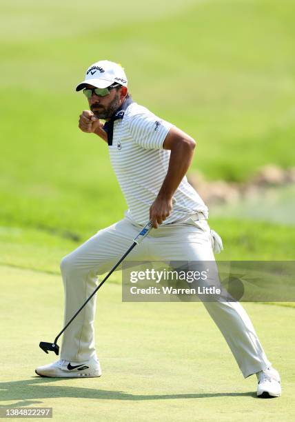 Pablo Larrazabal of Spain celebrates his birdie on the 15th hole during the final round of the MyGolfLife Open hosted by Pecanwood at Pecanwood Golf...