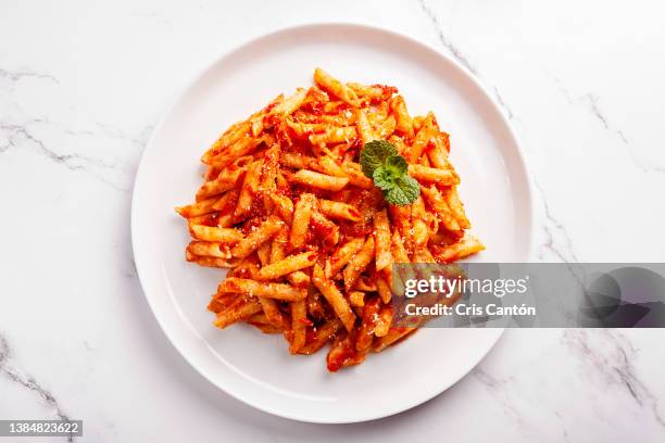 penne with tomato sauce - macarrones fotografías e imágenes de stock