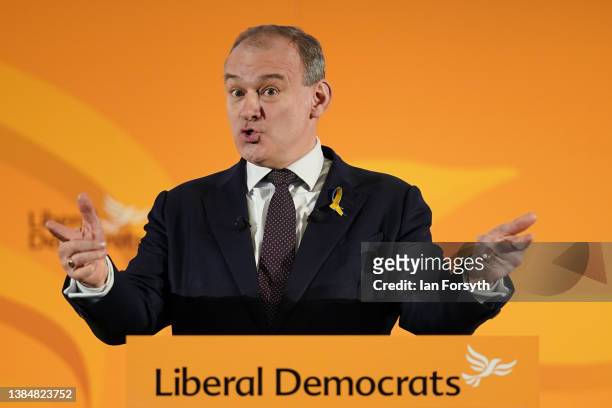 Sir Ed Davey, leader of the Liberal Democrat Party delivers his key note speech during the Liberal Democrat Spring conference on March 13, 2022 in...