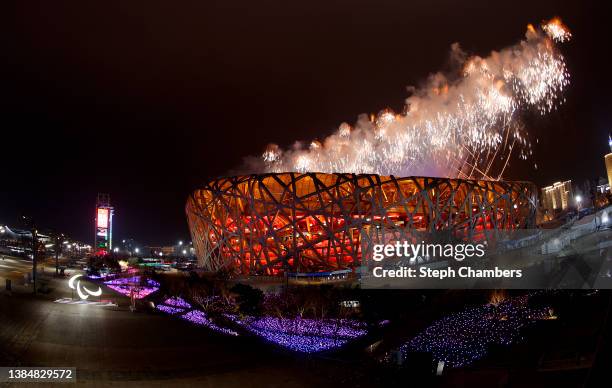 General view outside the stadium of the fireworks, marking an end to the Paralympic Games during the Closing Ceremony on day nine of the 2022 Beijing...