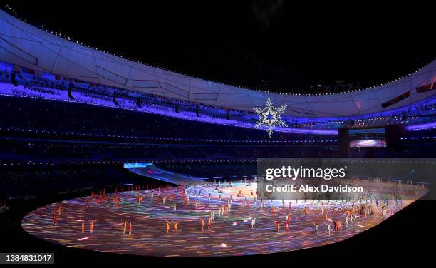 General view inside the stadium of the The Paralympic flame during the Closing Ceremony on day nine of the 2022 Beijing Winter Paralympics at Beijing...