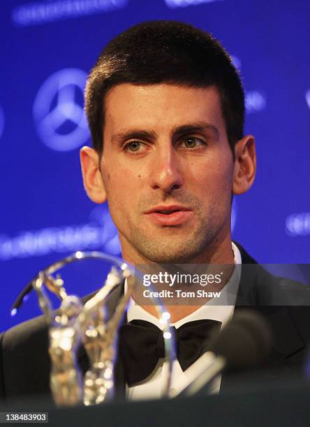 Tennis Player Novak Djokovic talks to the media after winning the Laureus World Sportsman of the Year award at the 2012 Laureus World Sports Awards...